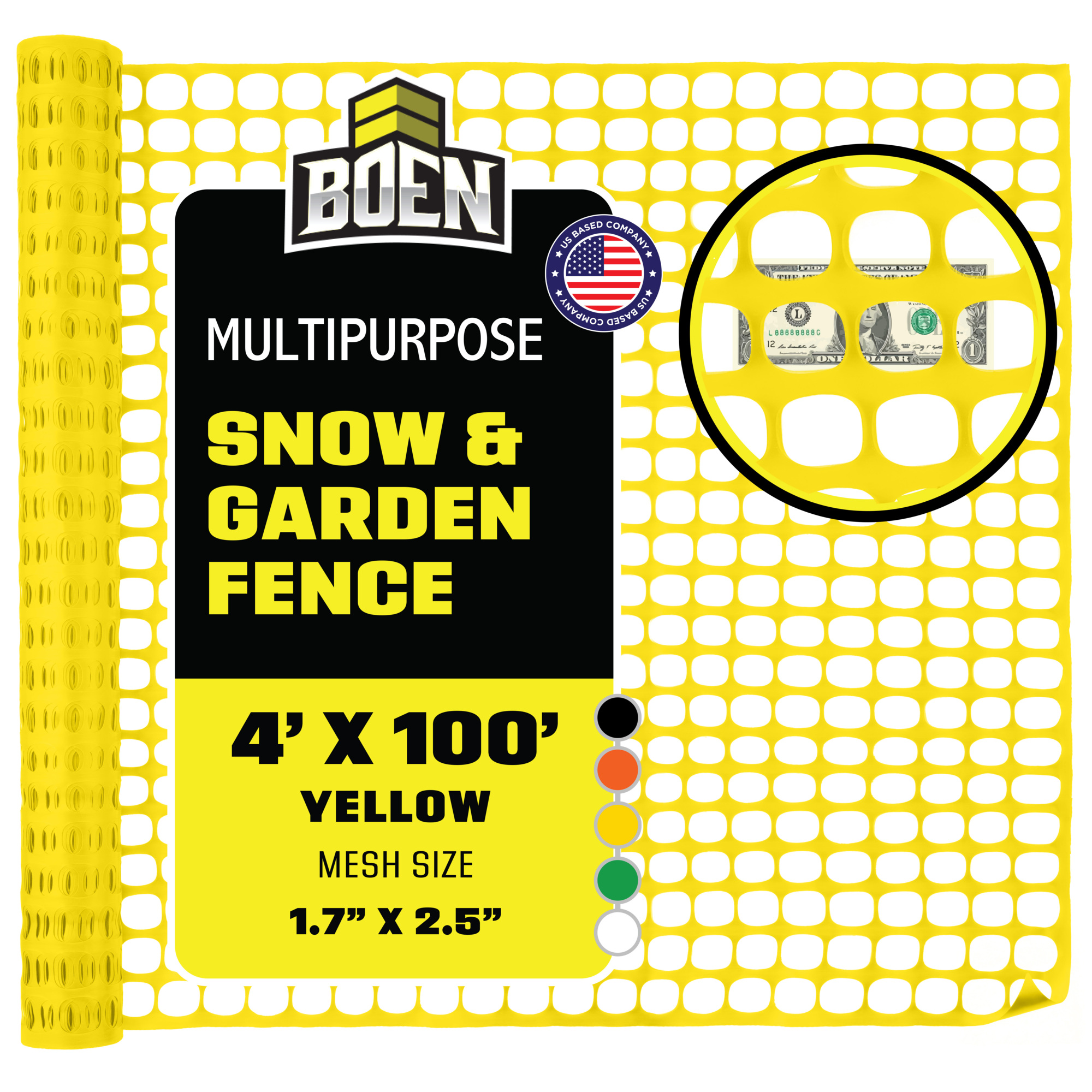 Boen Yellow Temporary Fencing 4 ft x 100 ft, Mesh Snow Fence, Plastic, Safety Garden Netting, Above Ground Barrier, for Deer, Kids, Swimming Pool, Silt, Lawn, Rabbits, Poultry, Dogs, Construction
